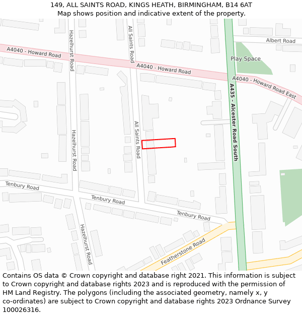 149, ALL SAINTS ROAD, KINGS HEATH, BIRMINGHAM, B14 6AT: Location map and indicative extent of plot