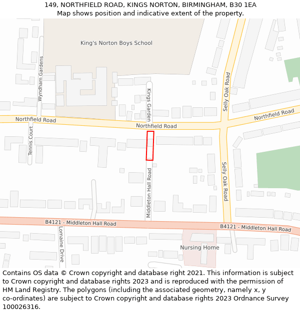 149, NORTHFIELD ROAD, KINGS NORTON, BIRMINGHAM, B30 1EA: Location map and indicative extent of plot