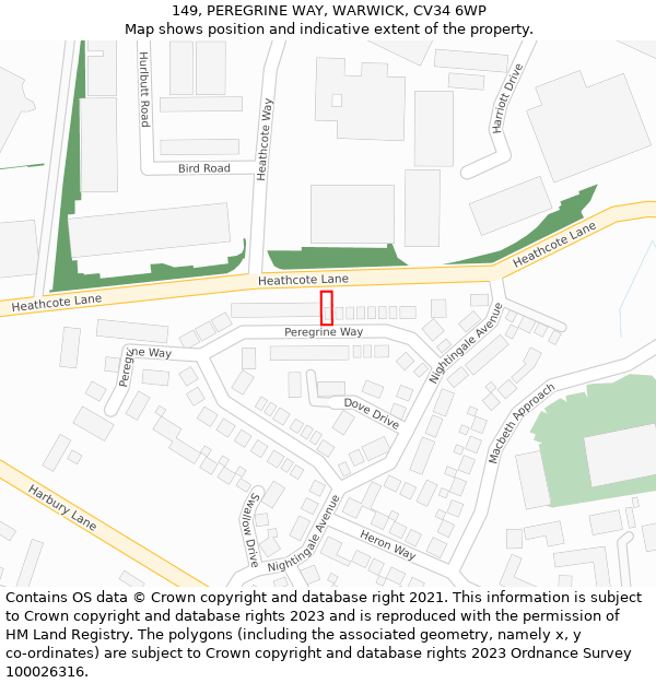 149, PEREGRINE WAY, WARWICK, CV34 6WP: Location map and indicative extent of plot