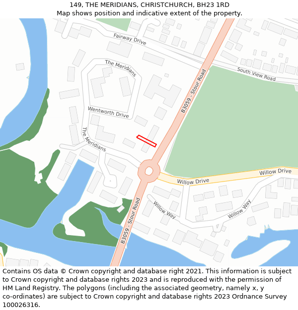 149, THE MERIDIANS, CHRISTCHURCH, BH23 1RD: Location map and indicative extent of plot