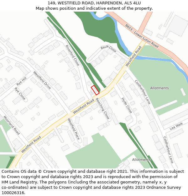 149, WESTFIELD ROAD, HARPENDEN, AL5 4LU: Location map and indicative extent of plot