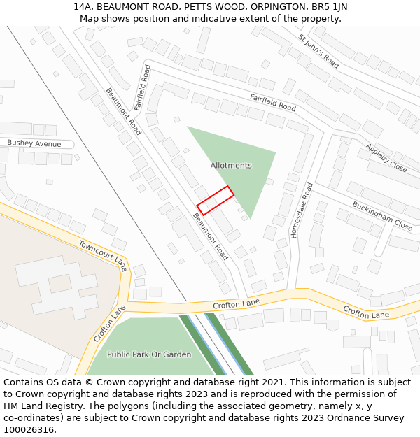 14A, BEAUMONT ROAD, PETTS WOOD, ORPINGTON, BR5 1JN: Location map and indicative extent of plot