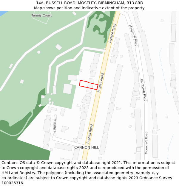 14A, RUSSELL ROAD, MOSELEY, BIRMINGHAM, B13 8RD: Location map and indicative extent of plot