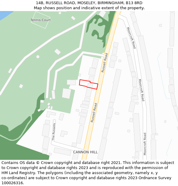 14B, RUSSELL ROAD, MOSELEY, BIRMINGHAM, B13 8RD: Location map and indicative extent of plot