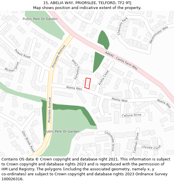 15, ABELIA WAY, PRIORSLEE, TELFORD, TF2 9TJ: Location map and indicative extent of plot