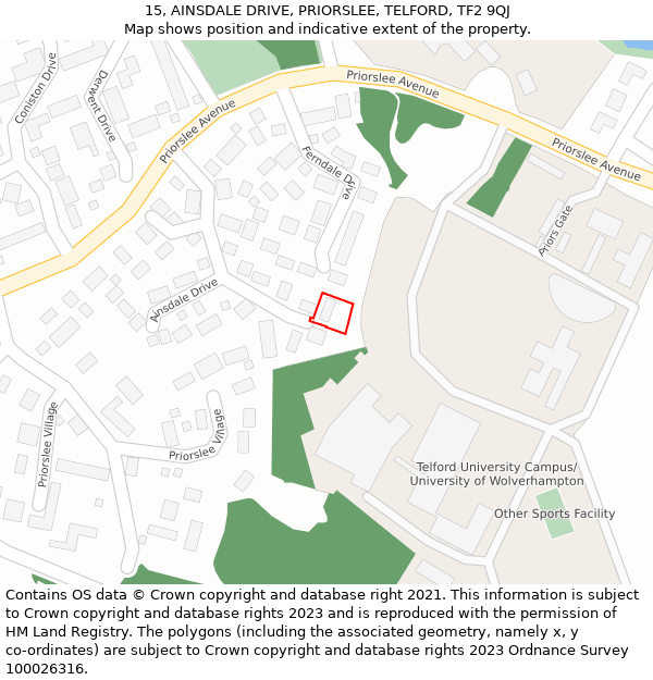 15, AINSDALE DRIVE, PRIORSLEE, TELFORD, TF2 9QJ: Location map and indicative extent of plot