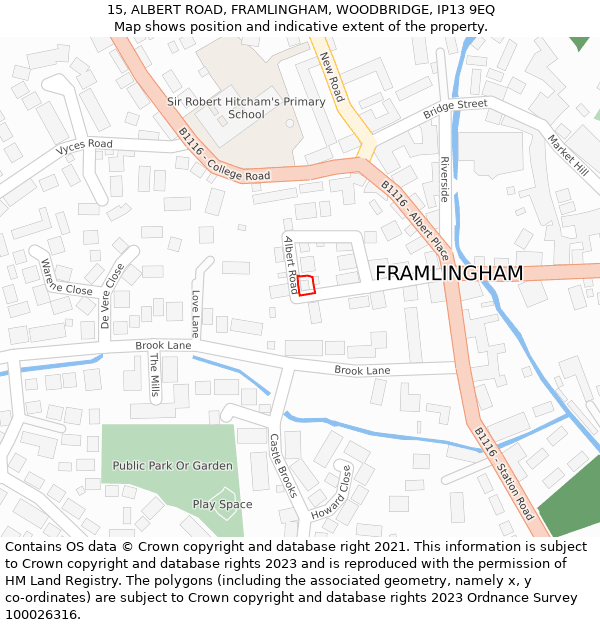 15, ALBERT ROAD, FRAMLINGHAM, WOODBRIDGE, IP13 9EQ: Location map and indicative extent of plot