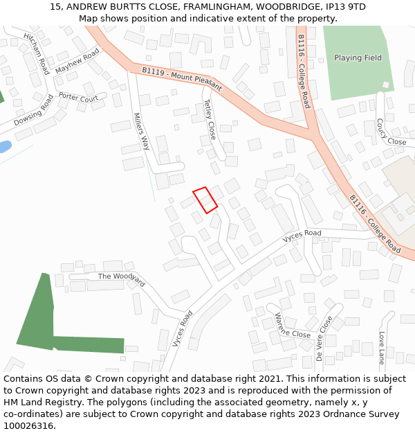 15, ANDREW BURTTS CLOSE, FRAMLINGHAM, WOODBRIDGE, IP13 9TD: Location map and indicative extent of plot