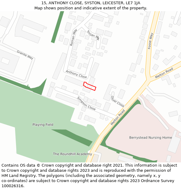 15, ANTHONY CLOSE, SYSTON, LEICESTER, LE7 1JA: Location map and indicative extent of plot