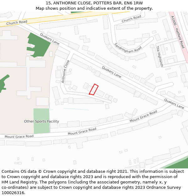 15, ANTHORNE CLOSE, POTTERS BAR, EN6 1RW: Location map and indicative extent of plot