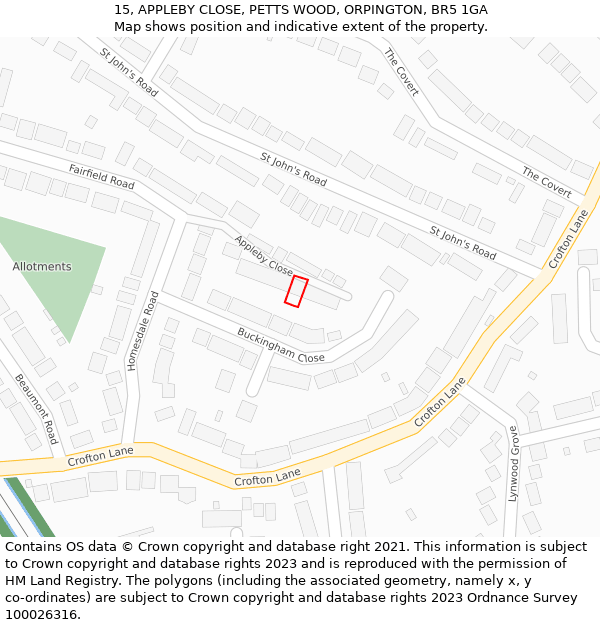 15, APPLEBY CLOSE, PETTS WOOD, ORPINGTON, BR5 1GA: Location map and indicative extent of plot