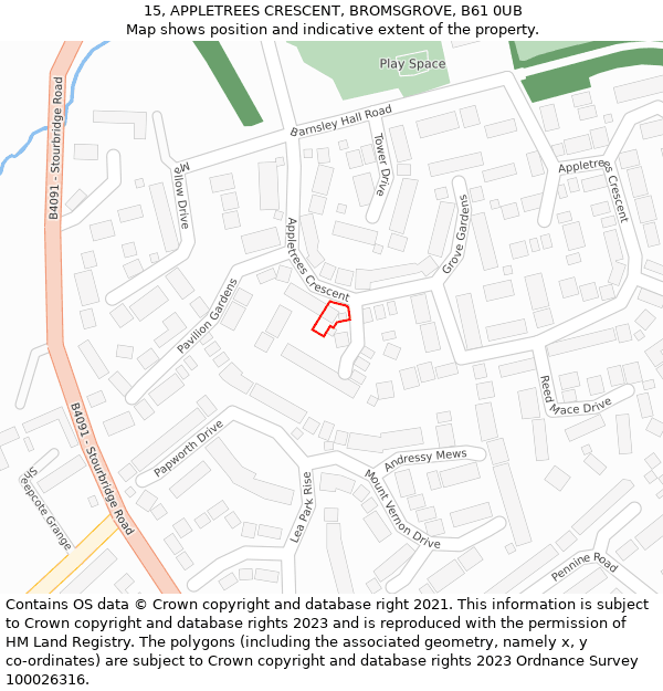 15, APPLETREES CRESCENT, BROMSGROVE, B61 0UB: Location map and indicative extent of plot