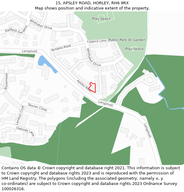 15, APSLEY ROAD, HORLEY, RH6 9RX: Location map and indicative extent of plot