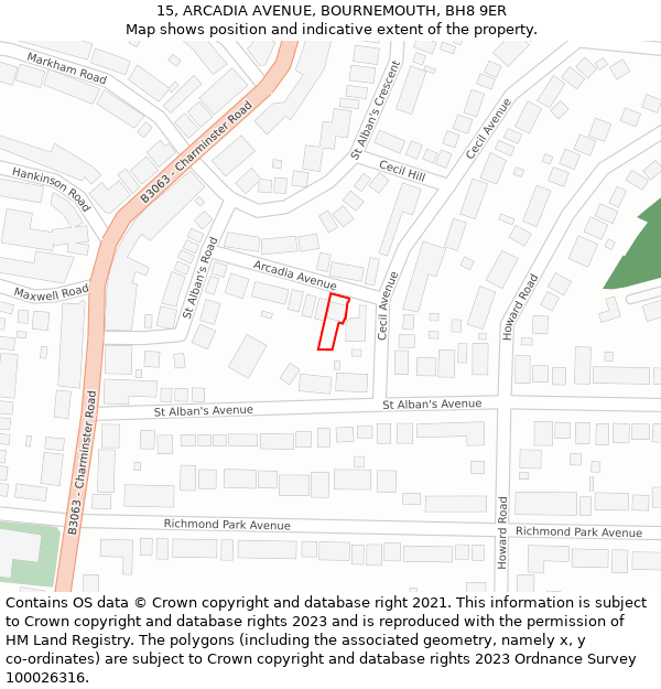 15, ARCADIA AVENUE, BOURNEMOUTH, BH8 9ER: Location map and indicative extent of plot