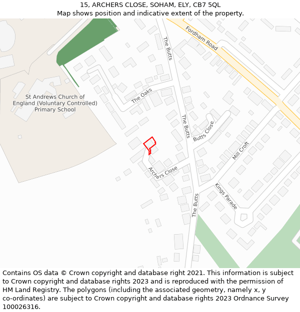 15, ARCHERS CLOSE, SOHAM, ELY, CB7 5QL: Location map and indicative extent of plot