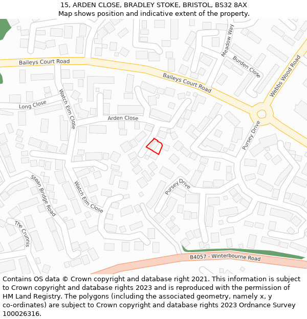 15, ARDEN CLOSE, BRADLEY STOKE, BRISTOL, BS32 8AX: Location map and indicative extent of plot