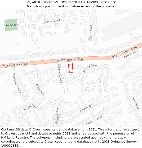 15, ARTILLERY DRIVE, DOVERCOURT, HARWICH, CO12 5FG: Location map and indicative extent of plot