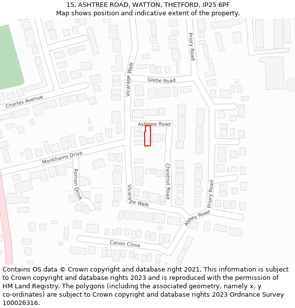 15, ASHTREE ROAD, WATTON, THETFORD, IP25 6PF: Location map and indicative extent of plot