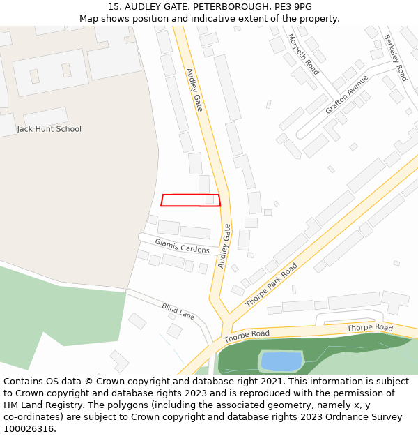15, AUDLEY GATE, PETERBOROUGH, PE3 9PG: Location map and indicative extent of plot