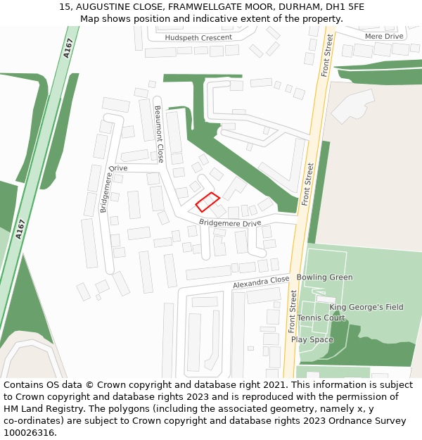 15, AUGUSTINE CLOSE, FRAMWELLGATE MOOR, DURHAM, DH1 5FE: Location map and indicative extent of plot