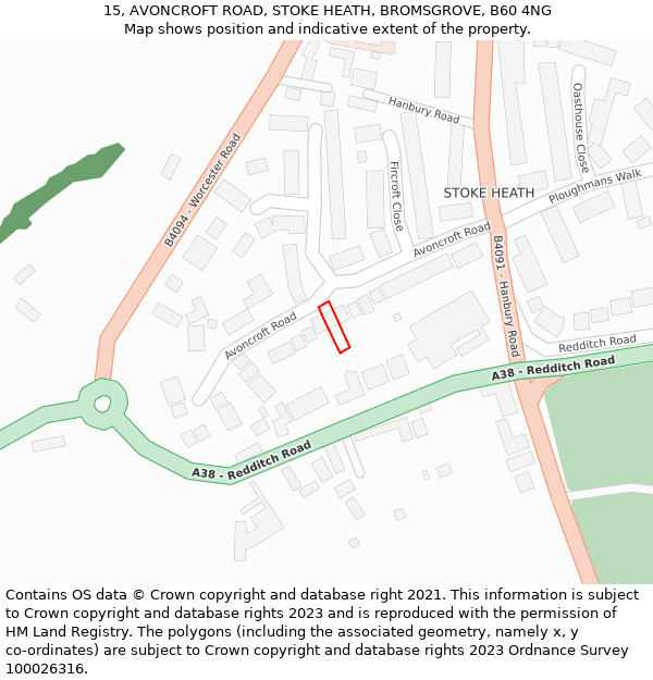 15, AVONCROFT ROAD, STOKE HEATH, BROMSGROVE, B60 4NG: Location map and indicative extent of plot