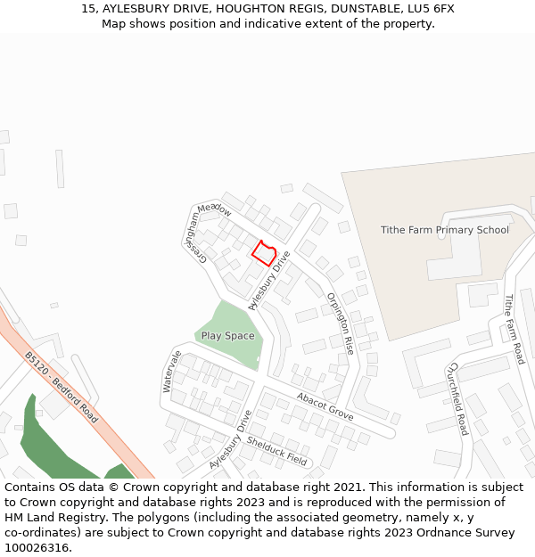 15, AYLESBURY DRIVE, HOUGHTON REGIS, DUNSTABLE, LU5 6FX: Location map and indicative extent of plot