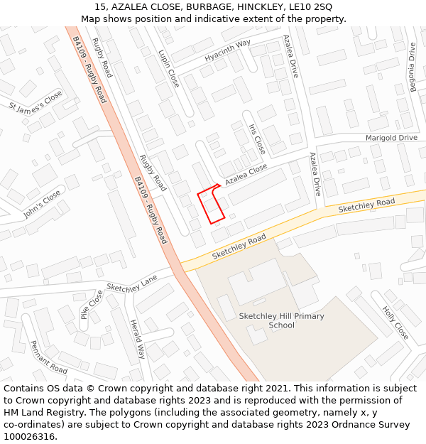 15, AZALEA CLOSE, BURBAGE, HINCKLEY, LE10 2SQ: Location map and indicative extent of plot