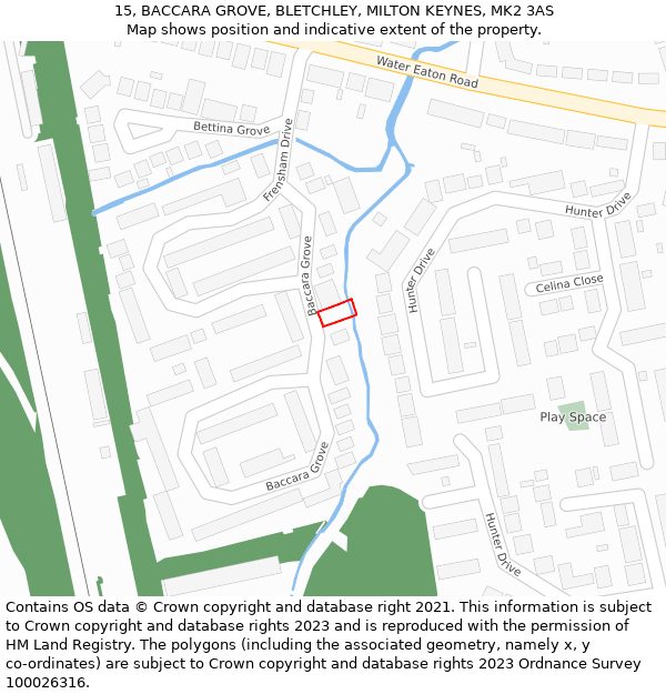 15, BACCARA GROVE, BLETCHLEY, MILTON KEYNES, MK2 3AS: Location map and indicative extent of plot