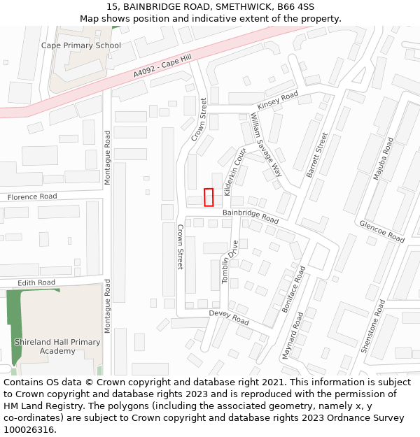 15, BAINBRIDGE ROAD, SMETHWICK, B66 4SS: Location map and indicative extent of plot