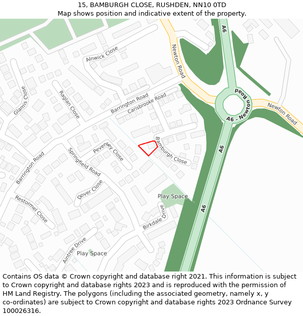 15, BAMBURGH CLOSE, RUSHDEN, NN10 0TD: Location map and indicative extent of plot