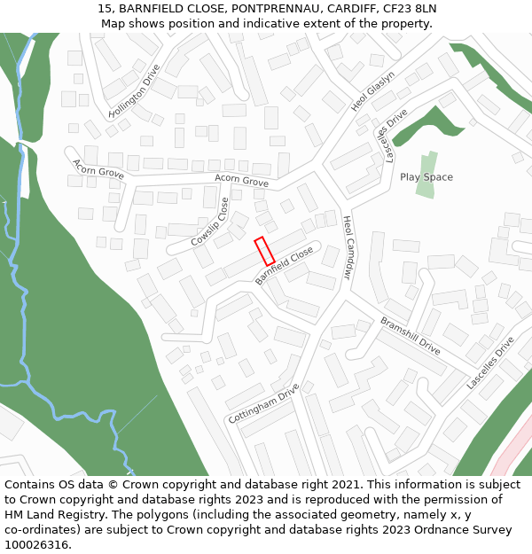 15, BARNFIELD CLOSE, PONTPRENNAU, CARDIFF, CF23 8LN: Location map and indicative extent of plot