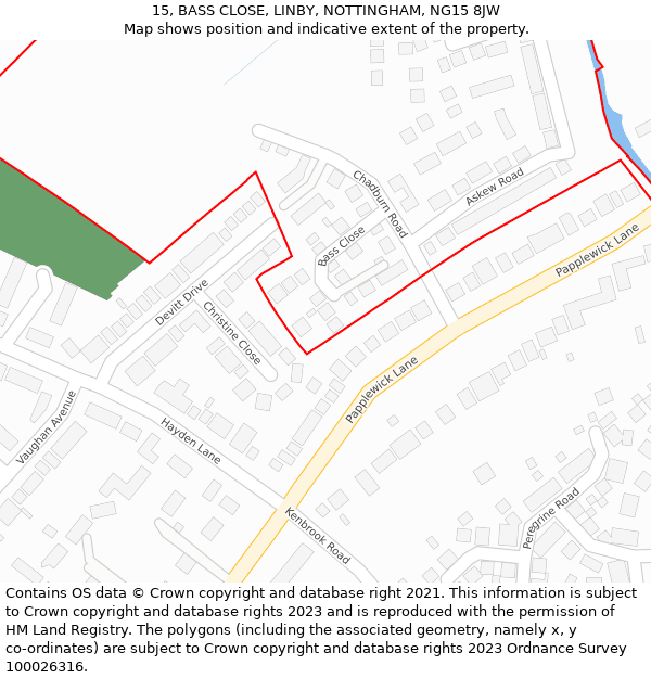 15, BASS CLOSE, LINBY, NOTTINGHAM, NG15 8JW: Location map and indicative extent of plot