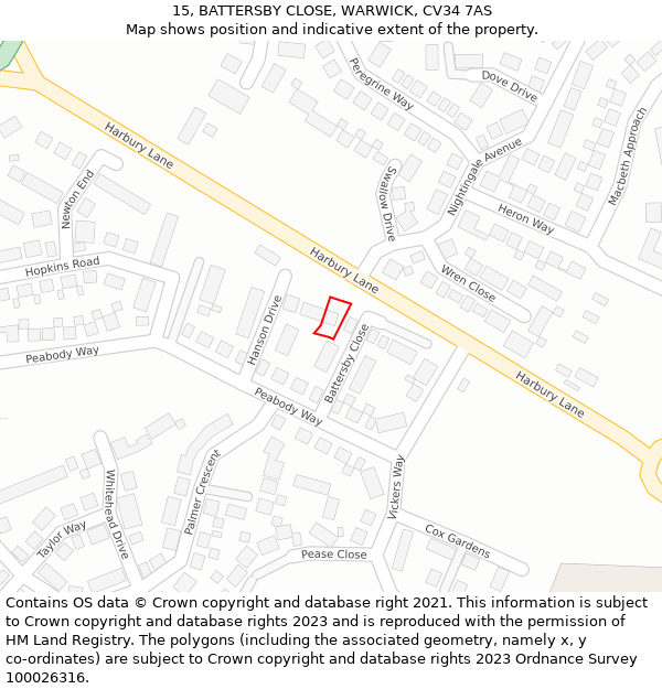 15, BATTERSBY CLOSE, WARWICK, CV34 7AS: Location map and indicative extent of plot