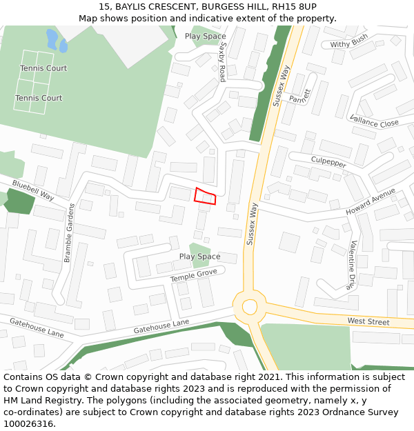 15, BAYLIS CRESCENT, BURGESS HILL, RH15 8UP: Location map and indicative extent of plot