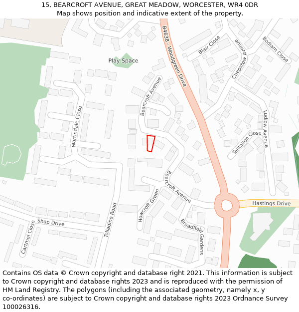 15, BEARCROFT AVENUE, GREAT MEADOW, WORCESTER, WR4 0DR: Location map and indicative extent of plot