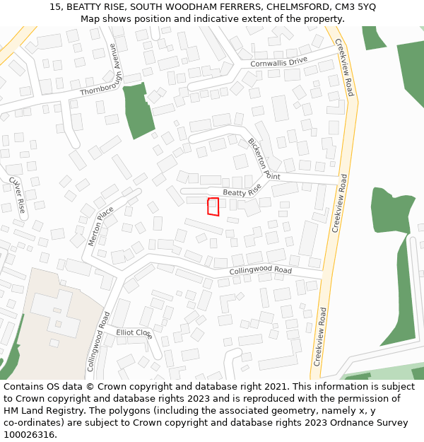 15, BEATTY RISE, SOUTH WOODHAM FERRERS, CHELMSFORD, CM3 5YQ: Location map and indicative extent of plot