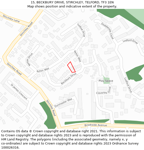 15, BECKBURY DRIVE, STIRCHLEY, TELFORD, TF3 1EN: Location map and indicative extent of plot