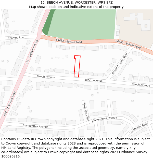 15, BEECH AVENUE, WORCESTER, WR3 8PZ: Location map and indicative extent of plot