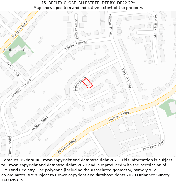 15, BEELEY CLOSE, ALLESTREE, DERBY, DE22 2PY: Location map and indicative extent of plot