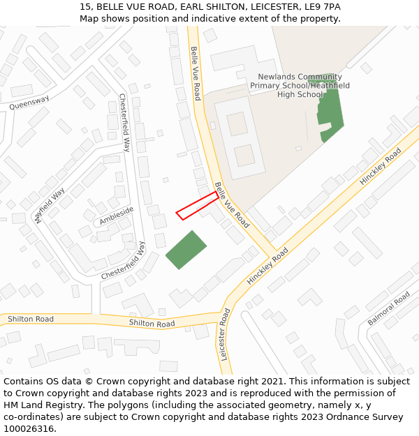 15, BELLE VUE ROAD, EARL SHILTON, LEICESTER, LE9 7PA: Location map and indicative extent of plot
