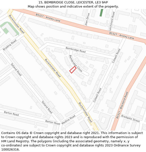 15, BEMBRIDGE CLOSE, LEICESTER, LE3 9AP: Location map and indicative extent of plot