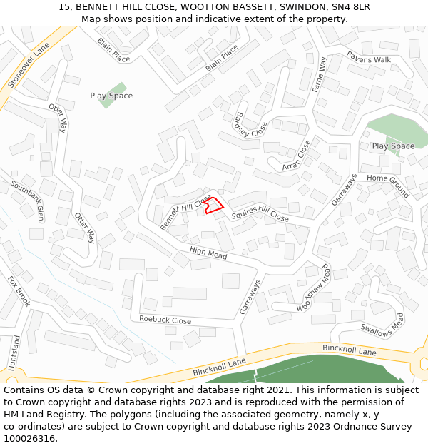 15, BENNETT HILL CLOSE, WOOTTON BASSETT, SWINDON, SN4 8LR: Location map and indicative extent of plot