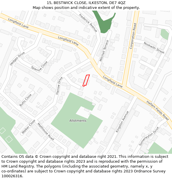 15, BESTWICK CLOSE, ILKESTON, DE7 4QZ: Location map and indicative extent of plot