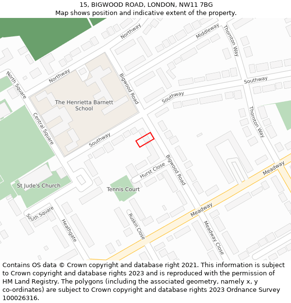 15, BIGWOOD ROAD, LONDON, NW11 7BG: Location map and indicative extent of plot