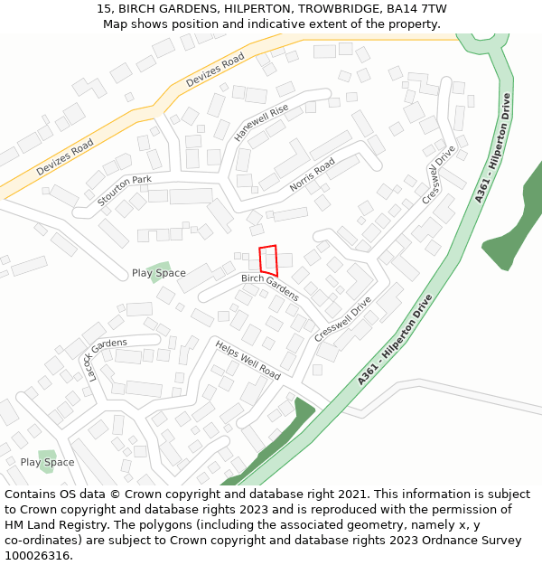 15, BIRCH GARDENS, HILPERTON, TROWBRIDGE, BA14 7TW: Location map and indicative extent of plot