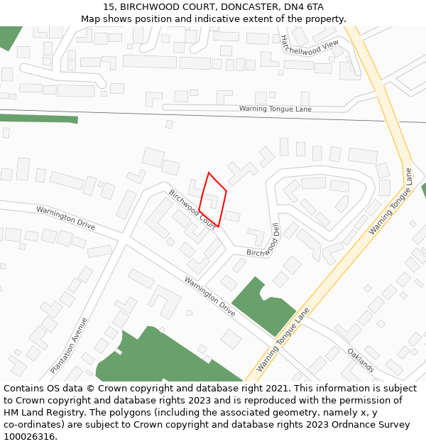 15, BIRCHWOOD COURT, DONCASTER, DN4 6TA: Location map and indicative extent of plot