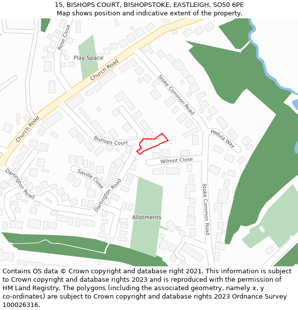 15, BISHOPS COURT, BISHOPSTOKE, EASTLEIGH, SO50 6PE: Location map and indicative extent of plot