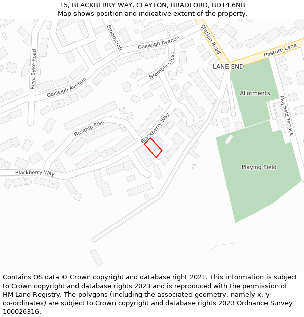 15, BLACKBERRY WAY, CLAYTON, BRADFORD, BD14 6NB: Location map and indicative extent of plot