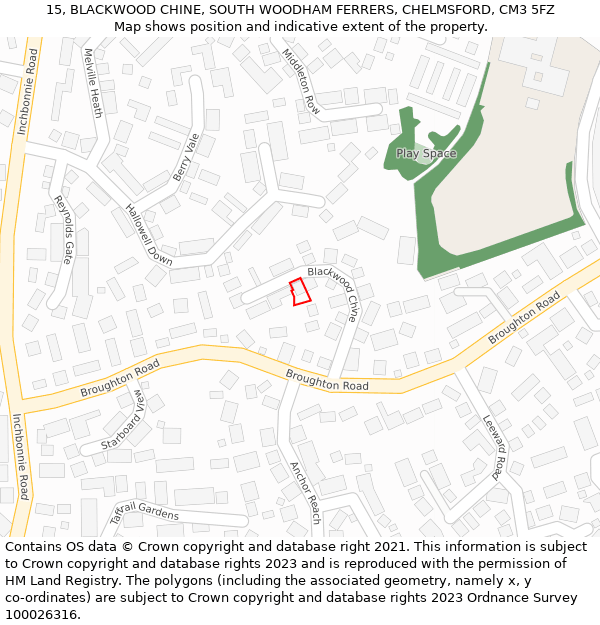 15, BLACKWOOD CHINE, SOUTH WOODHAM FERRERS, CHELMSFORD, CM3 5FZ: Location map and indicative extent of plot