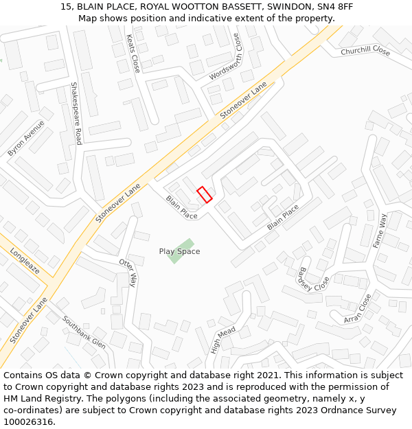 15, BLAIN PLACE, ROYAL WOOTTON BASSETT, SWINDON, SN4 8FF: Location map and indicative extent of plot